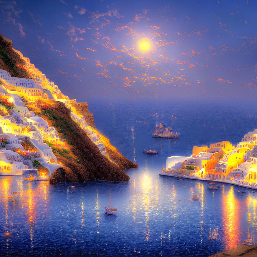 Twilight coastal scene with illuminated buildings, tranquil sea, boats, glowing moon