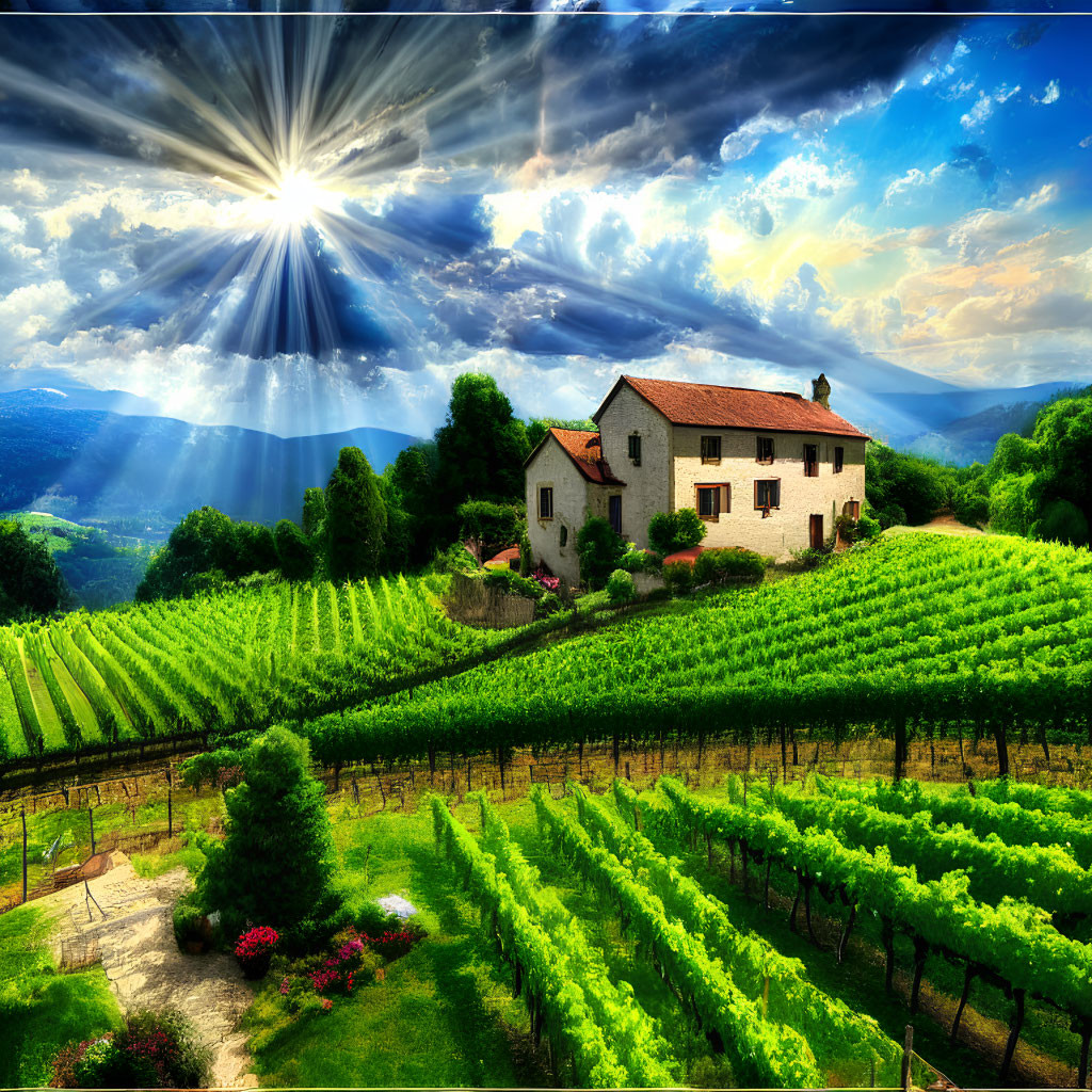 Vibrant vineyard scene with traditional house and rolling hills