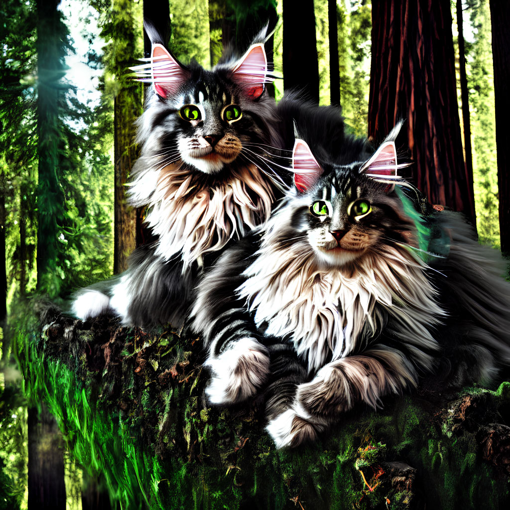 Fluffy cats with green eyes on mossy tree stump in forest