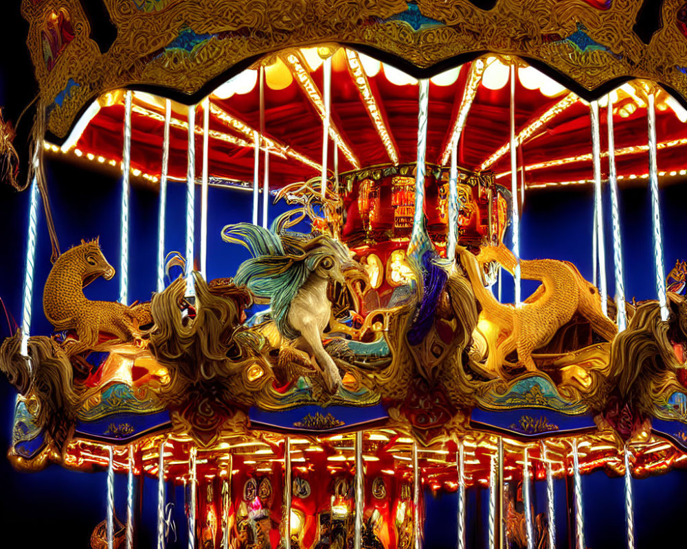 Colorful illuminated carousel animals under brilliant night canopy