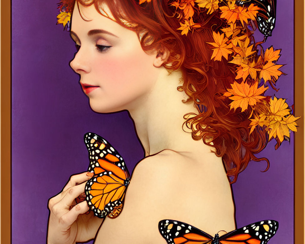 Red-haired woman with flowers and butterflies on purple background.