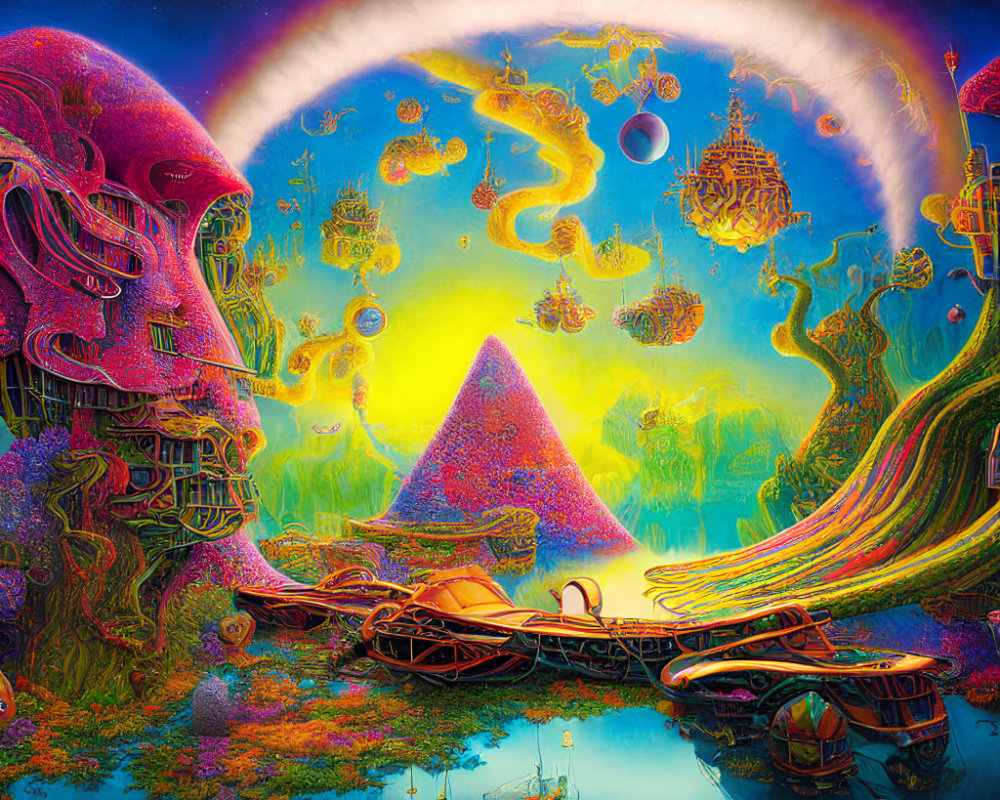 Colorful Psychedelic Artwork with Pyramid, Rainbow Arc, and Surreal Faces