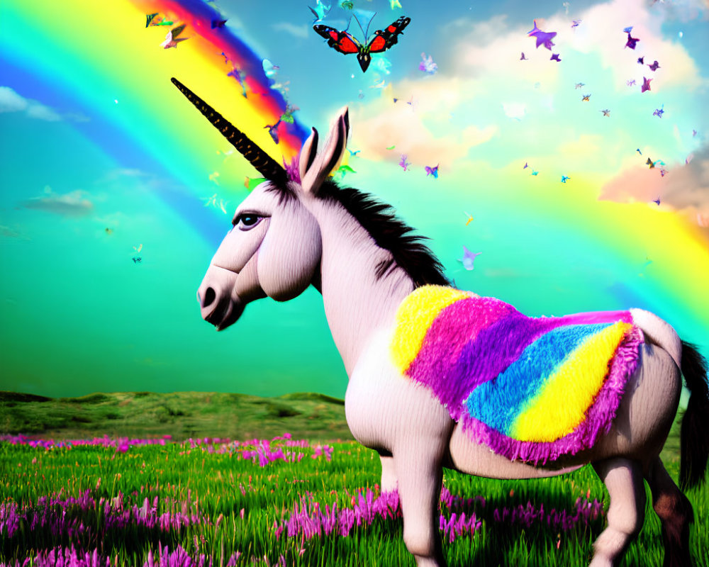Colorful digital art: Unicorn with rainbow mane in vibrant meadow