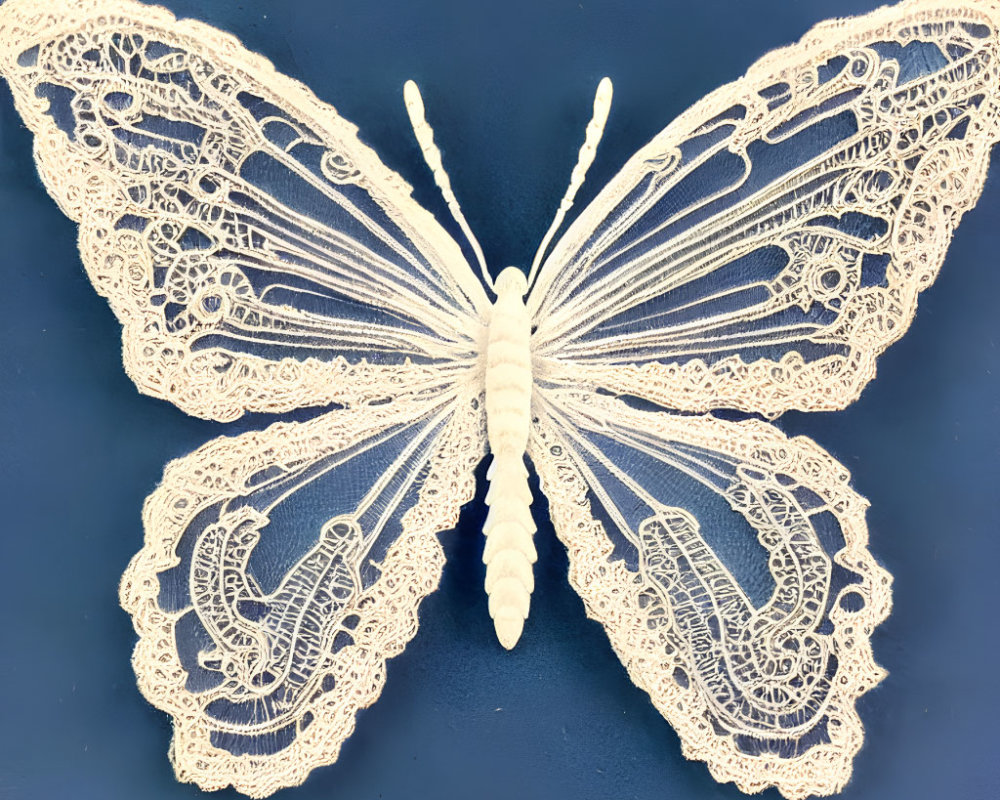 Intricate white lace butterfly on dark blue background