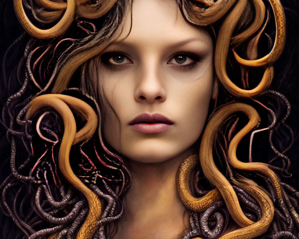 Woman with Realistic Snake Hair in Shades of Brown and Gold