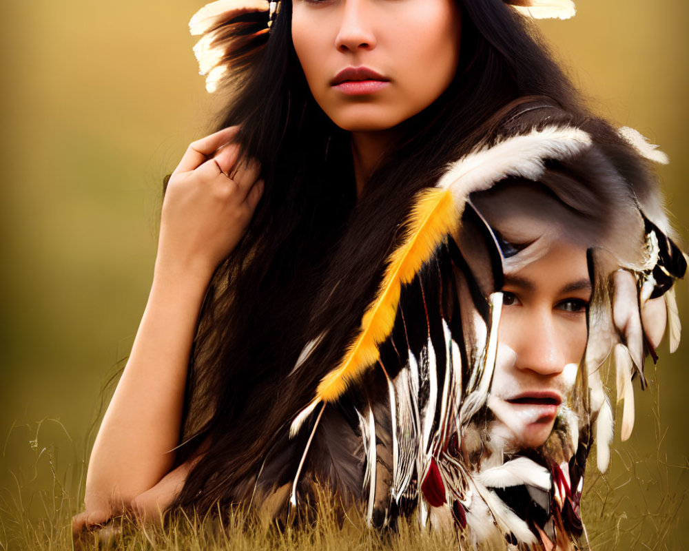Serious person in native headdress with white and brown feathers in golden field