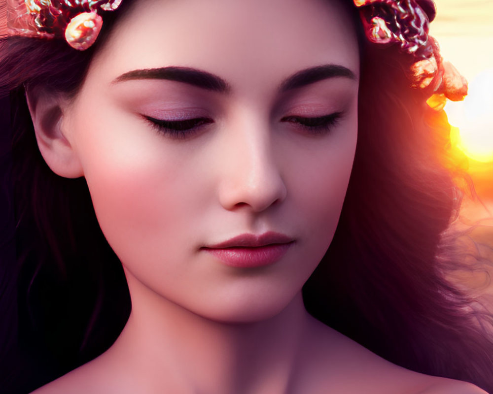Serene woman with floral crown at sunset with eyes closed