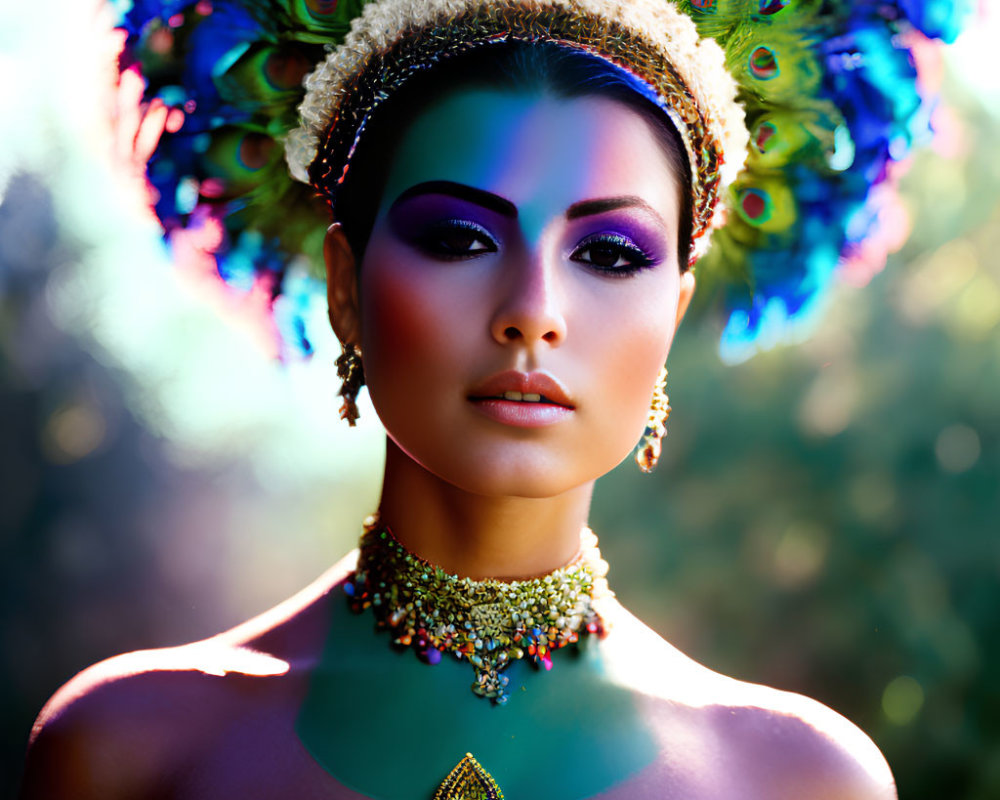 Portrait of a woman with peacock feather headdress and jewelry