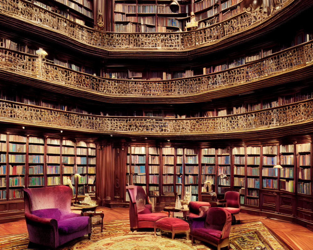 Circular opulent library with towering bookshelves and plush seating area.