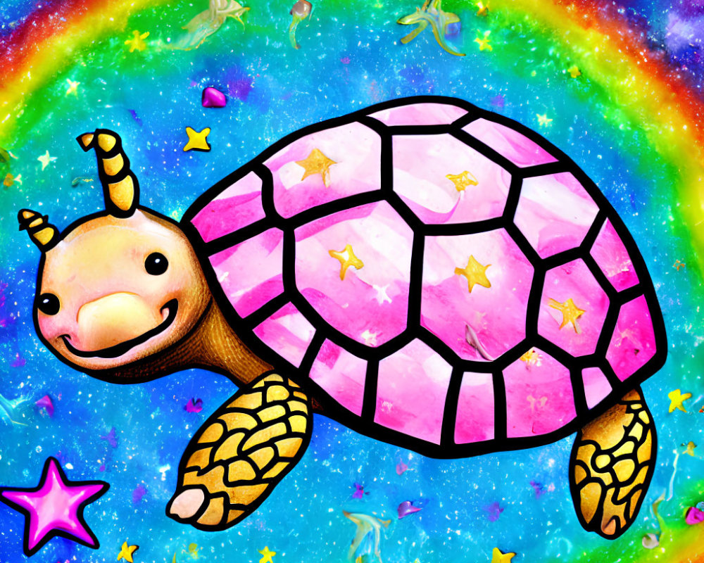 Colorful Cartoon Turtle with Pink Starry Shell in Cosmic Background