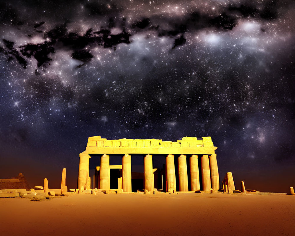 Ancient temple under starry sky with Milky Way visible