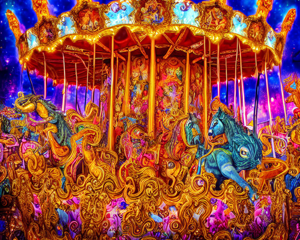 Colorful Carousel with Ornate Horses on Psychedelic Sky Background