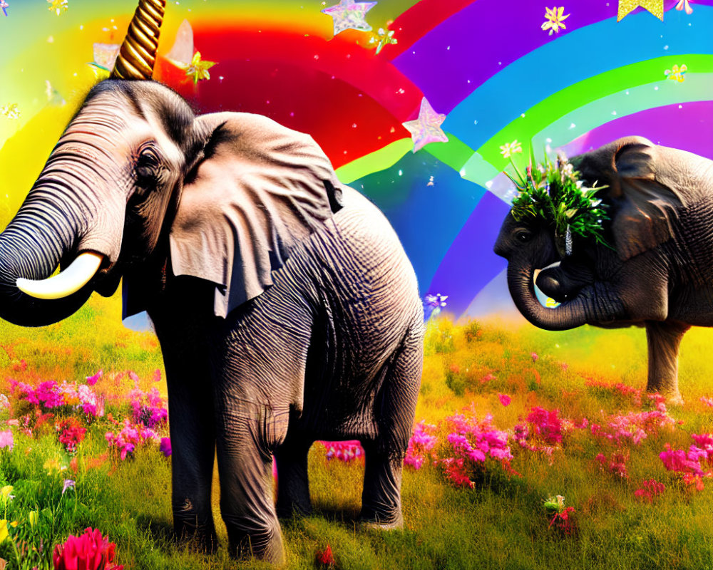 Colorful meadow scene: Two elephants, one with unicorn horn, under starry sky