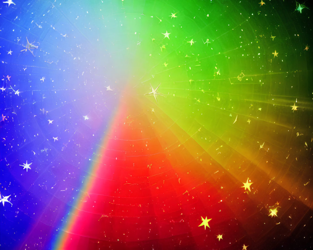 Colorful Rainbow Spectrum with Star-like Sparkles on Green, Red, and Blue Gradient