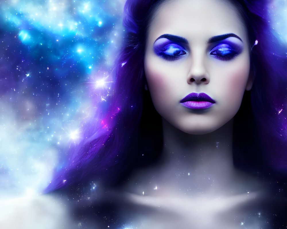 Vibrant purple makeup and hair against cosmic starry background