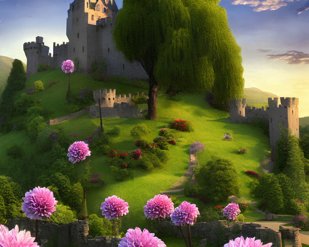 Medieval castle on green hill with blooming flowers and majestic tree