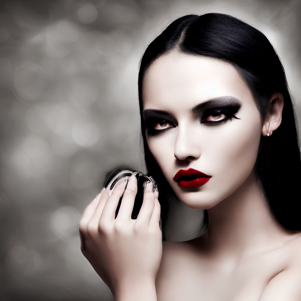Person with dramatic makeup and metallic object against bokeh background