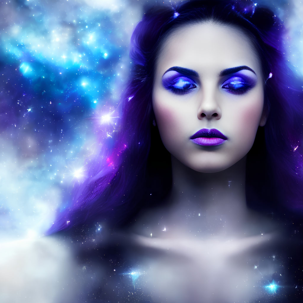 Vibrant purple makeup and hair against cosmic starry background