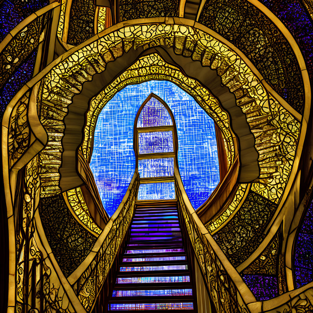Colorful Arched Stained Glass Window Overlooking Staircase and Blue Sky