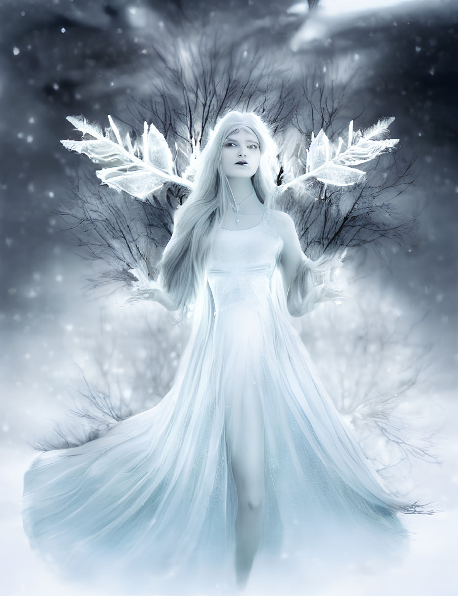 Surreal image of woman with icy butterfly wings in snowy landscape