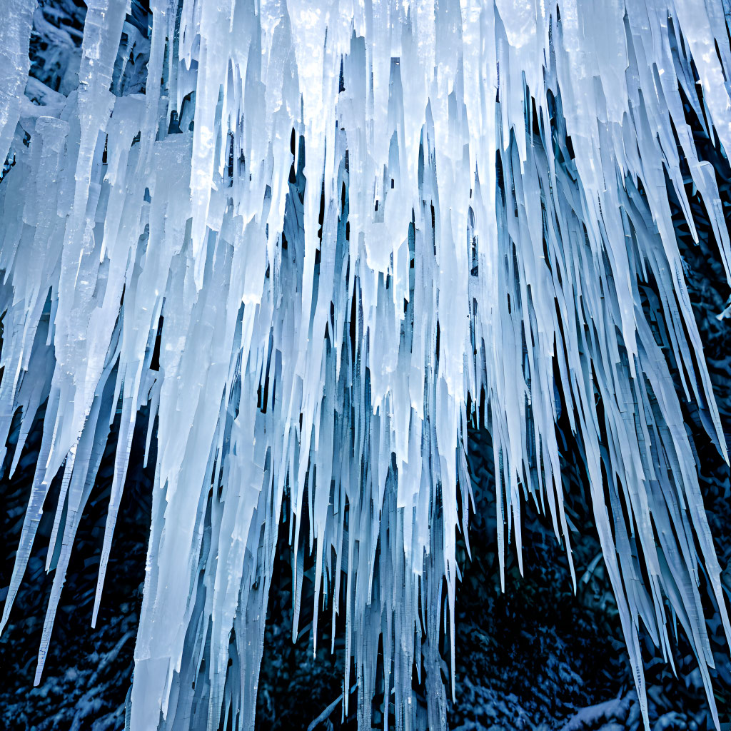 Icicles hanging over dark foliage in a wintry scene