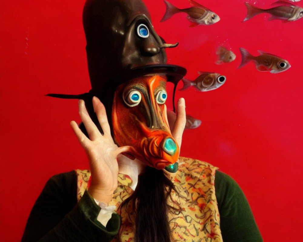 Person in Elongated Nose Mask and Goggles with Fish on Red Background