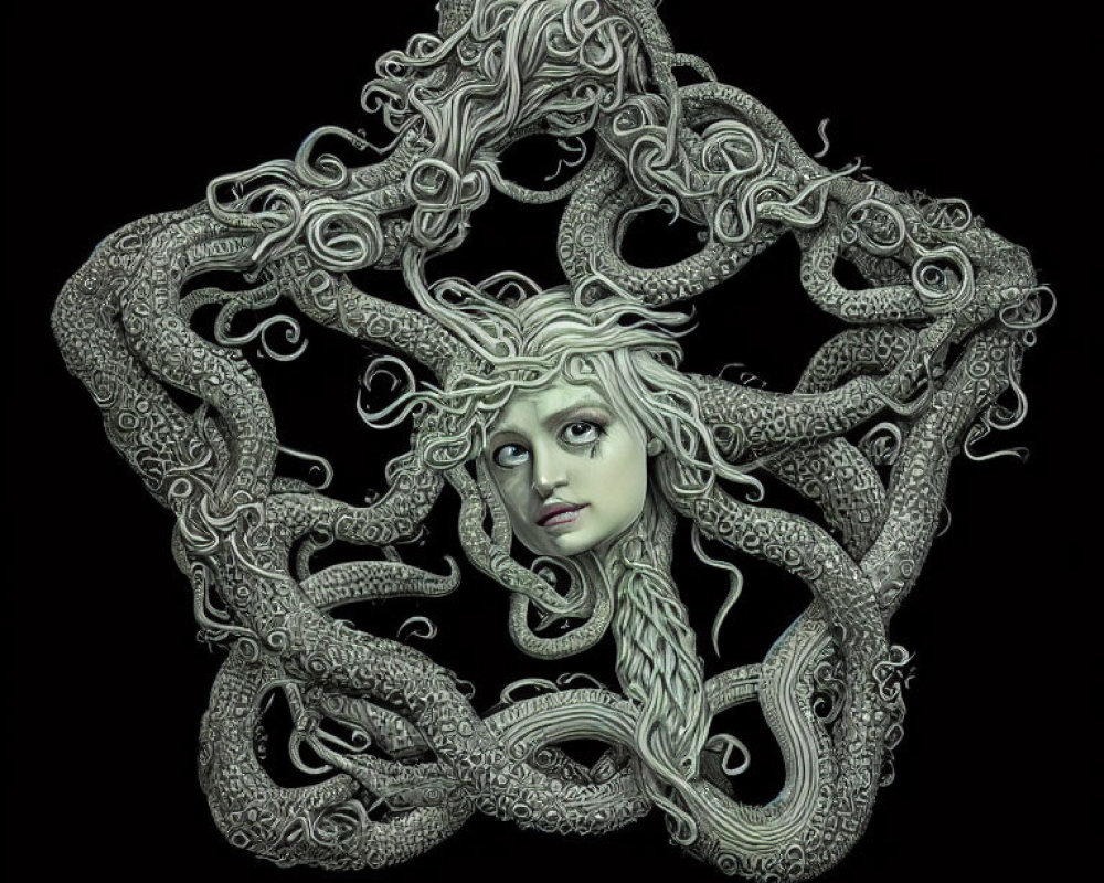 Stylized illustration of woman's face with intertwining snakes on black background