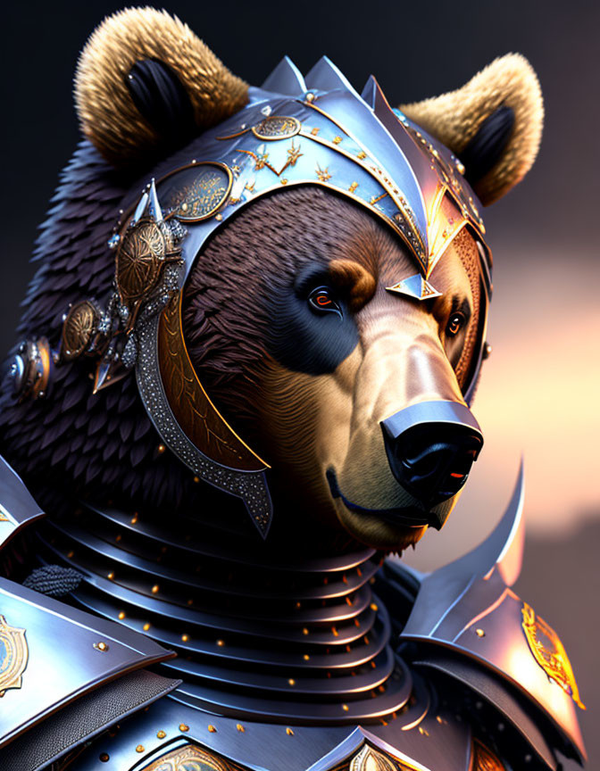 Detailed Digital Artwork: Bear Head in Medieval Armor