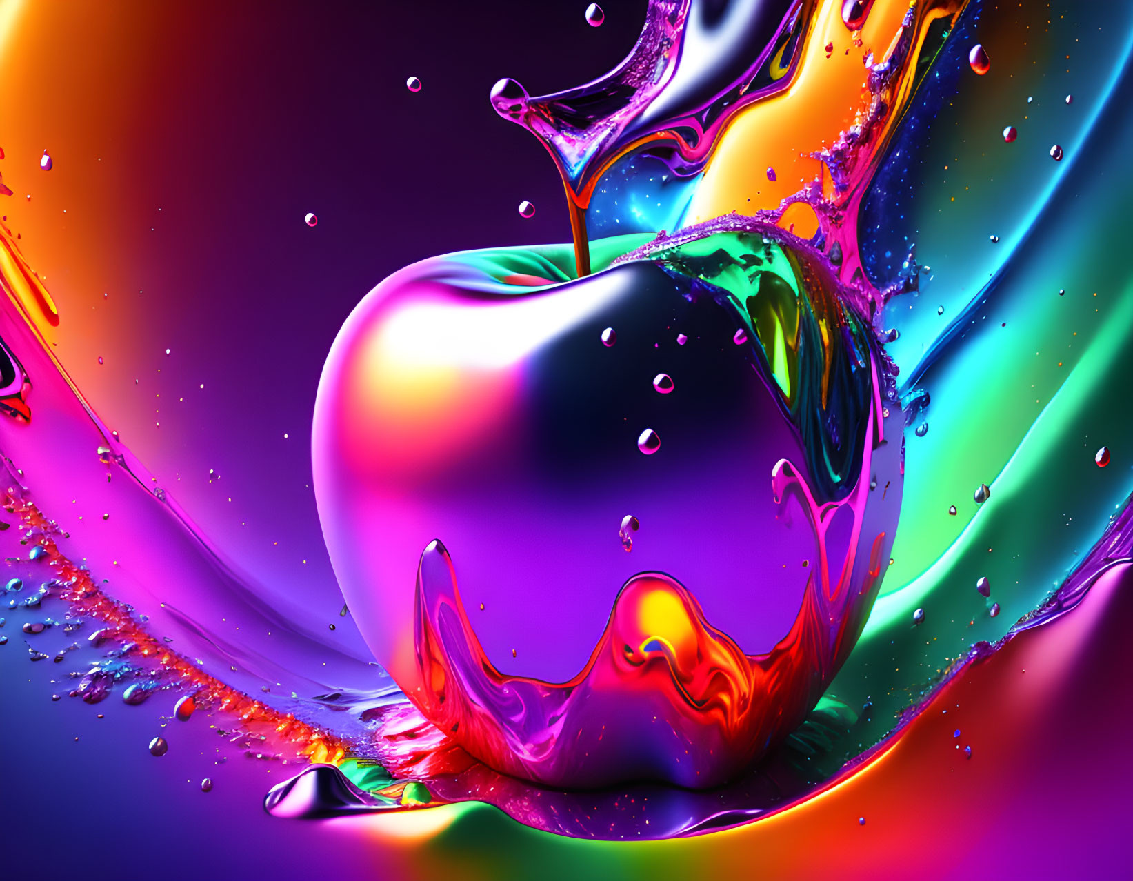 Colorful Abstract Image: Glossy Apple Surrounded by Rainbow Liquid Splashes