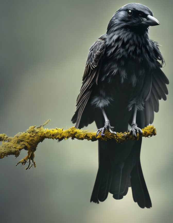 Black Bird Perched on Moss-Covered Branch with Attentive Gaze