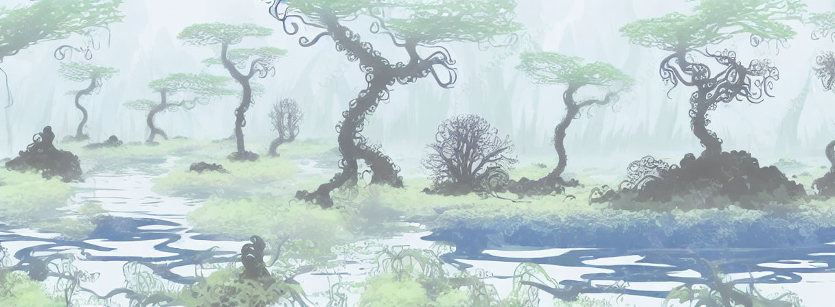 Mystical swamp with winding trees and foggy atmosphere