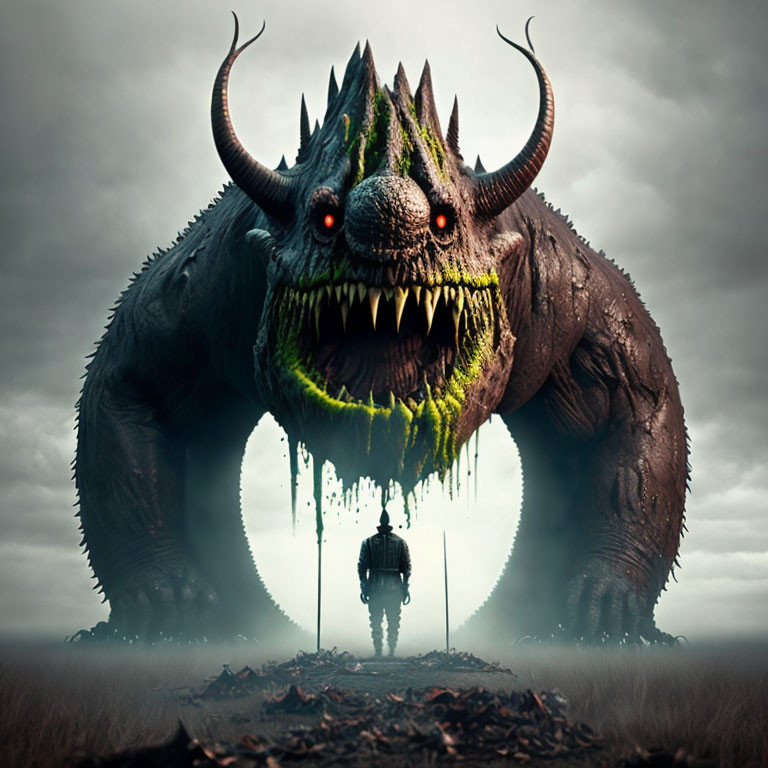 Person confronts monstrous creature in ominous landscape