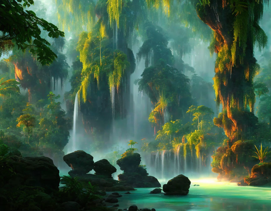 Tranquil forest scene with lush greenery, waterfalls, and sunlight rays