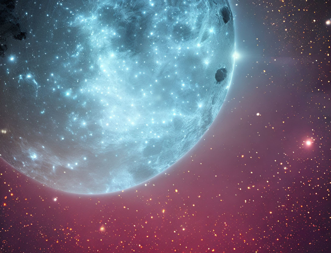 Cratered moon against blue and pink nebulae starscape