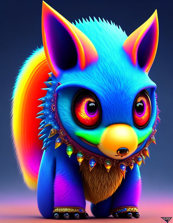 Blue-furred creature with orange eyes and bejeweled collar on purple background