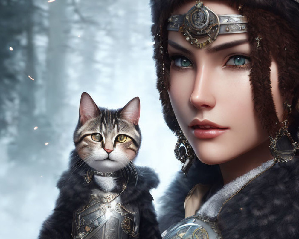 Female warrior and cat in matching armor in wintry forest setting