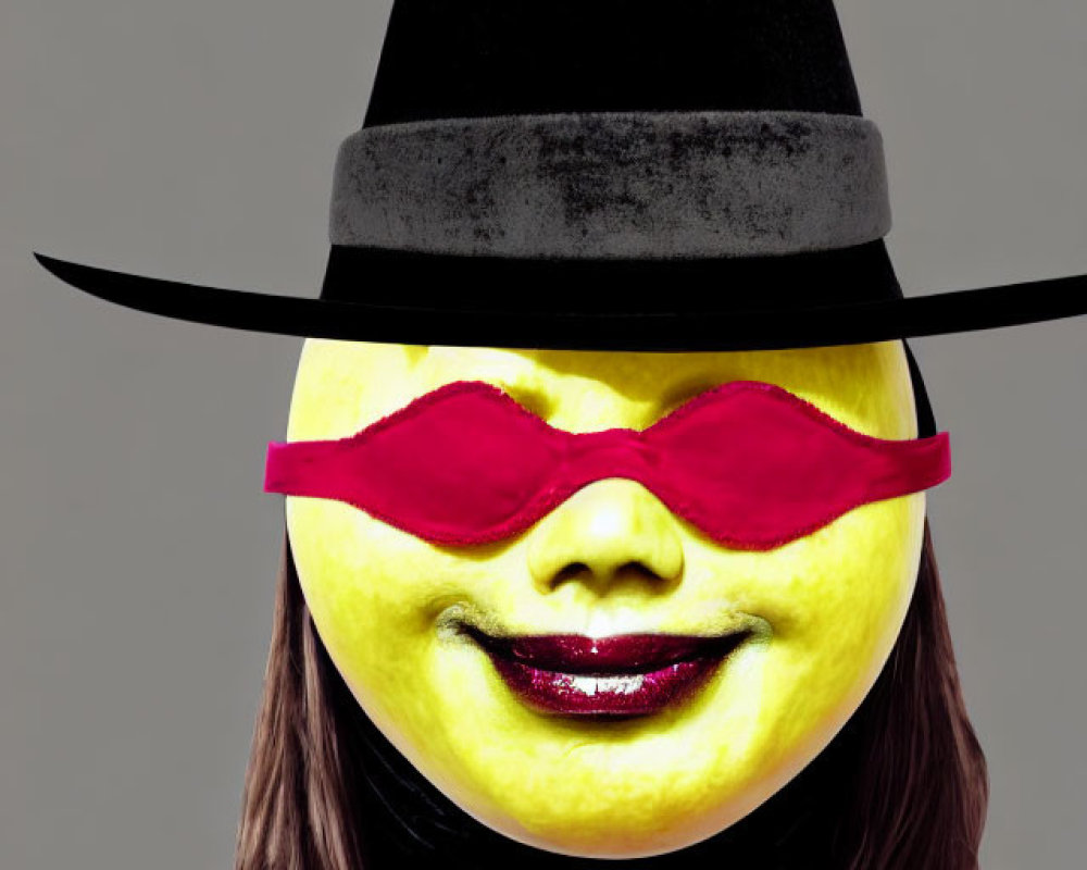 Yellow-faced person with red lips in black hat and blindfold on grey background