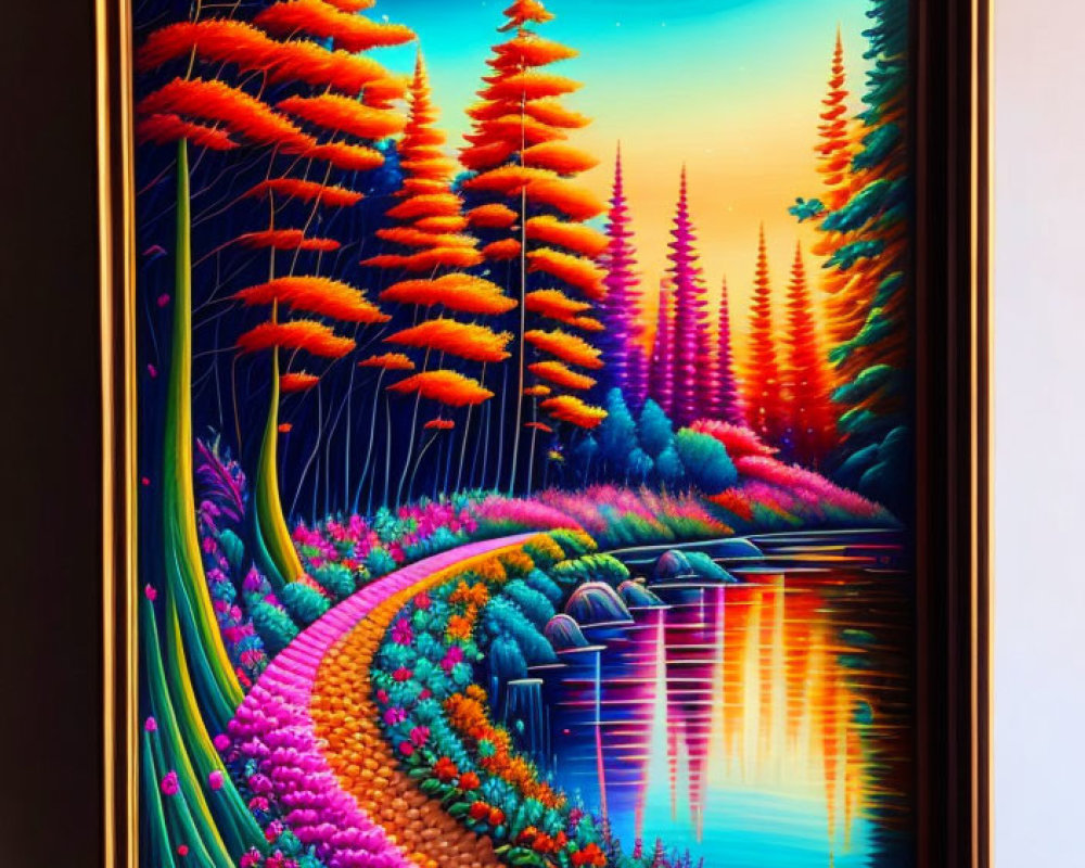 Neon-colored forest painting with crescent moon and starry sky