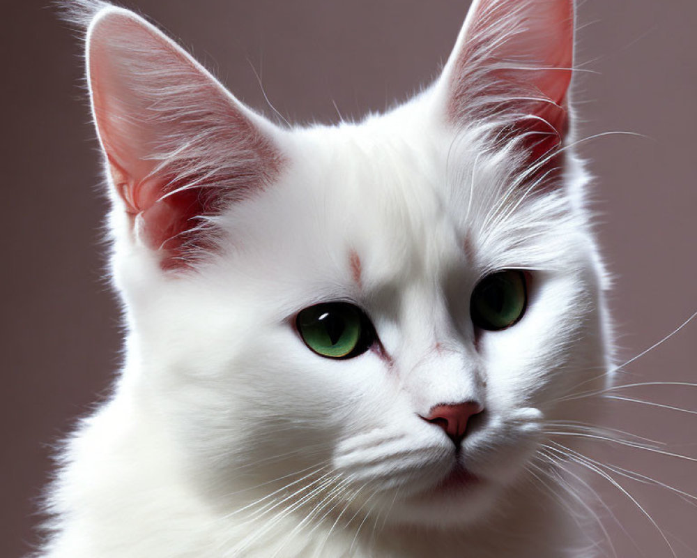 White Cat with Green Eyes on Pink Background: Fluffy and Striking