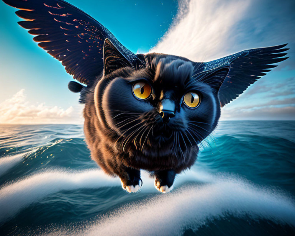 Whimsical black cat with bird-like wings flying over ocean and sky
