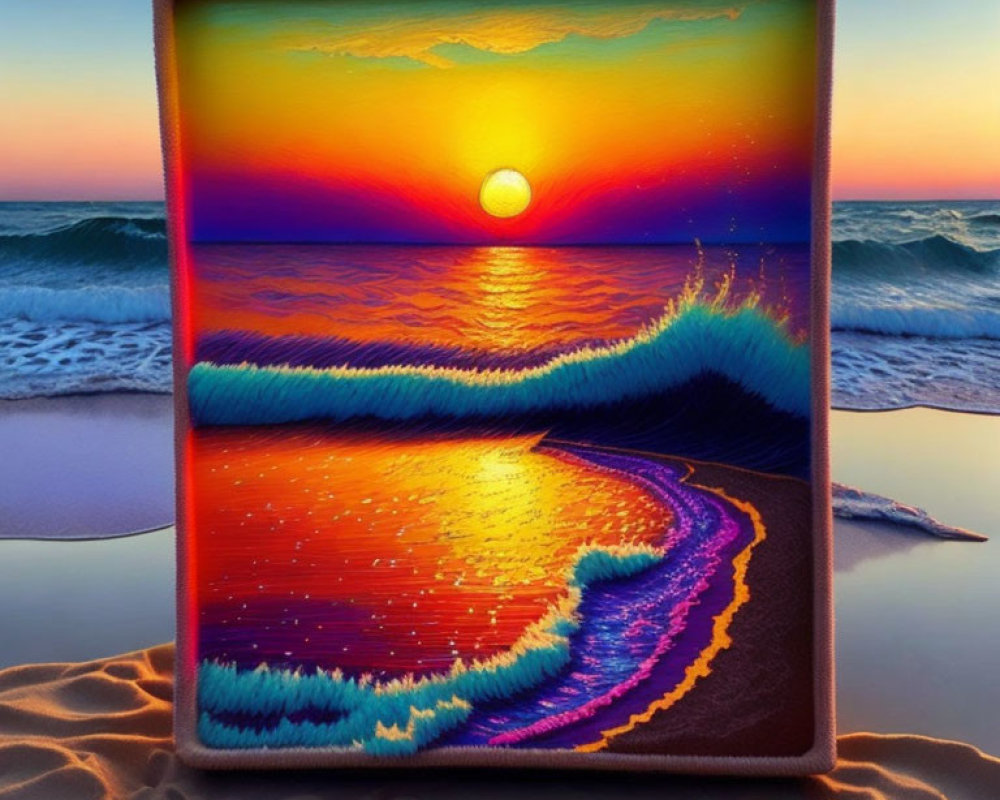 Vibrant sunset over ocean in framed picture on sandy beach