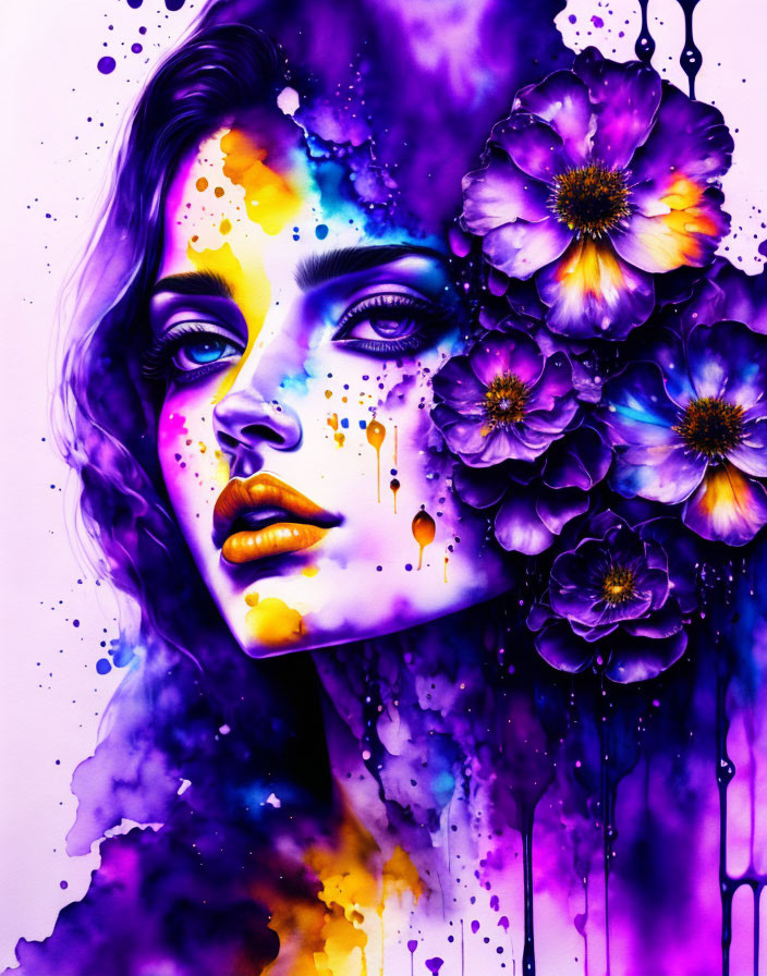 Colorful artwork: Woman's face merged with purple and yellow flowers