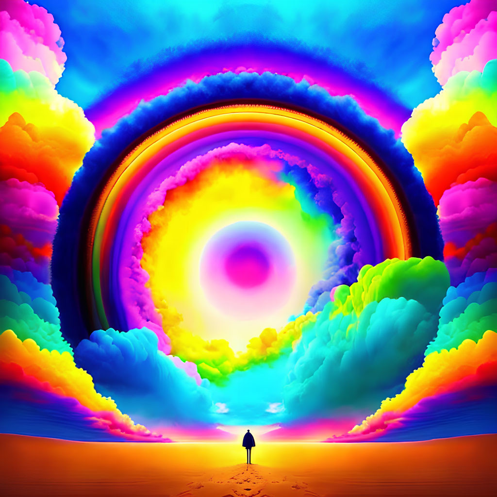 Silhouette of person under vibrant rainbow swirl in surreal sky
