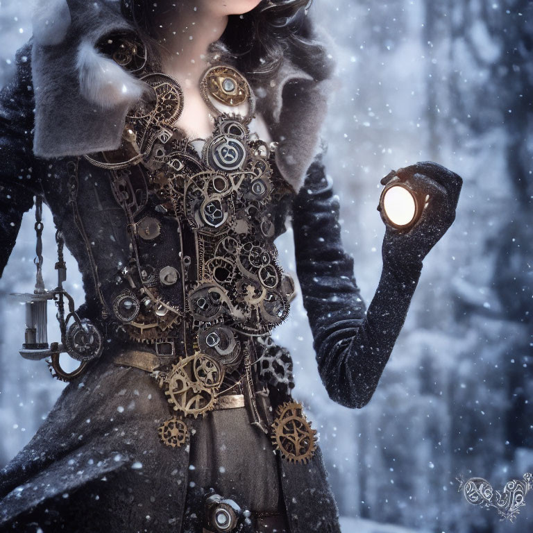 Steampunk-style figure with gears holding glowing orb in snowfall