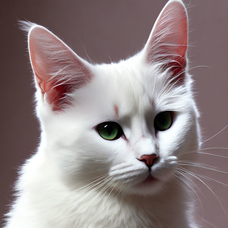White Cat with Green Eyes on Pink Background: Fluffy and Striking