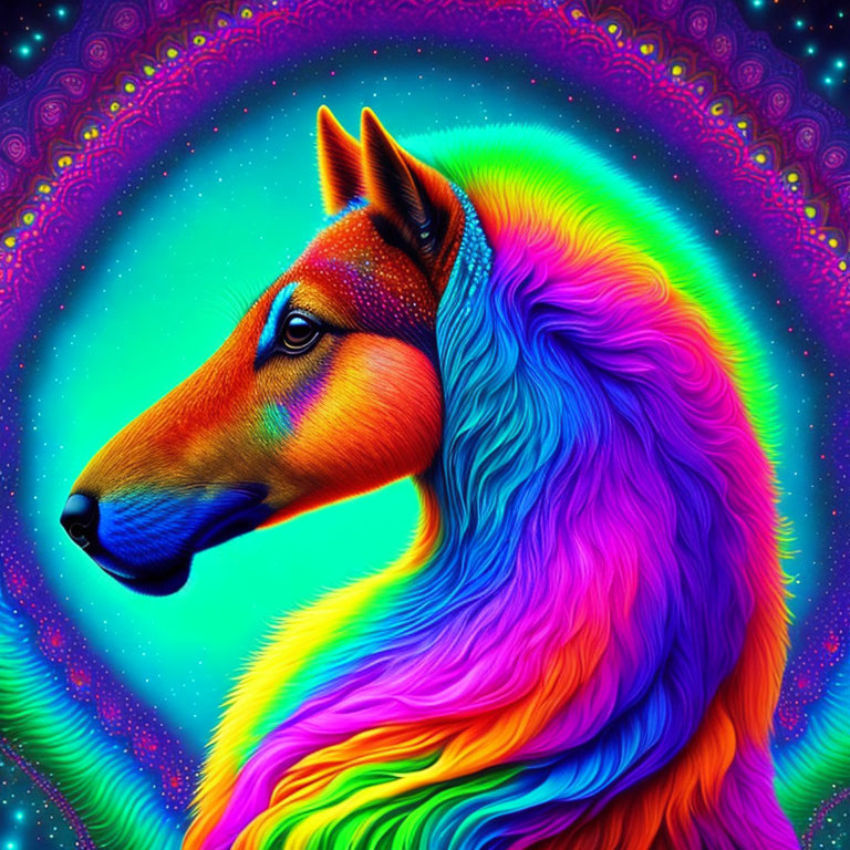 Colorful Digital Illustration of Horse with Neon Mane on Ornate Background