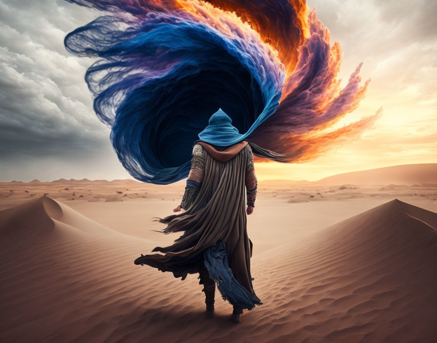 Figure in flowing robes with headscarf in desert with vibrant blue and orange swirl