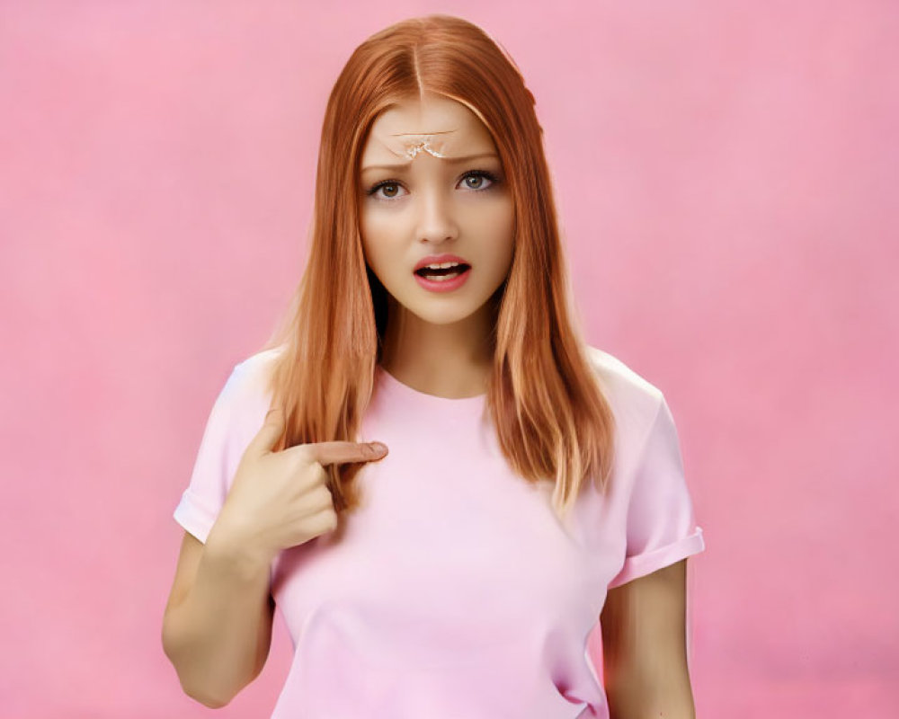 Red-haired woman points at herself on pink background with surprised expression