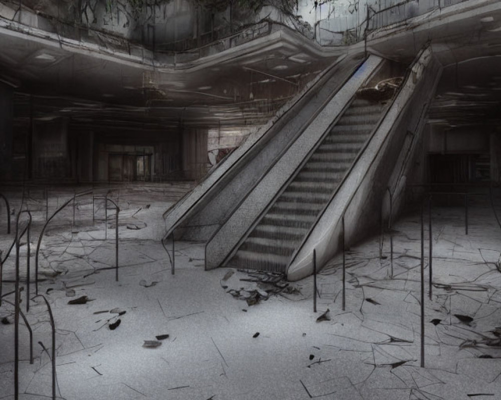 Abandoned escalator in dimly lit, derelict building