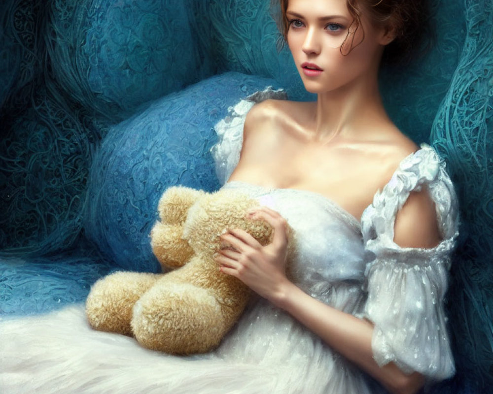 Woman in White Dress with Teddy Bear and Blue Textures